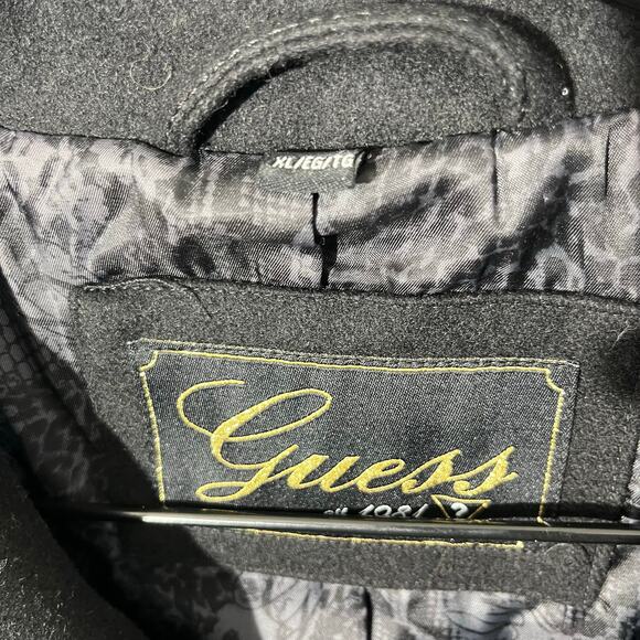 Vintage Wool Guess Black Trench Coat with Black Wrap Around Belt Woman’s Size XL - Picture 3 of 8